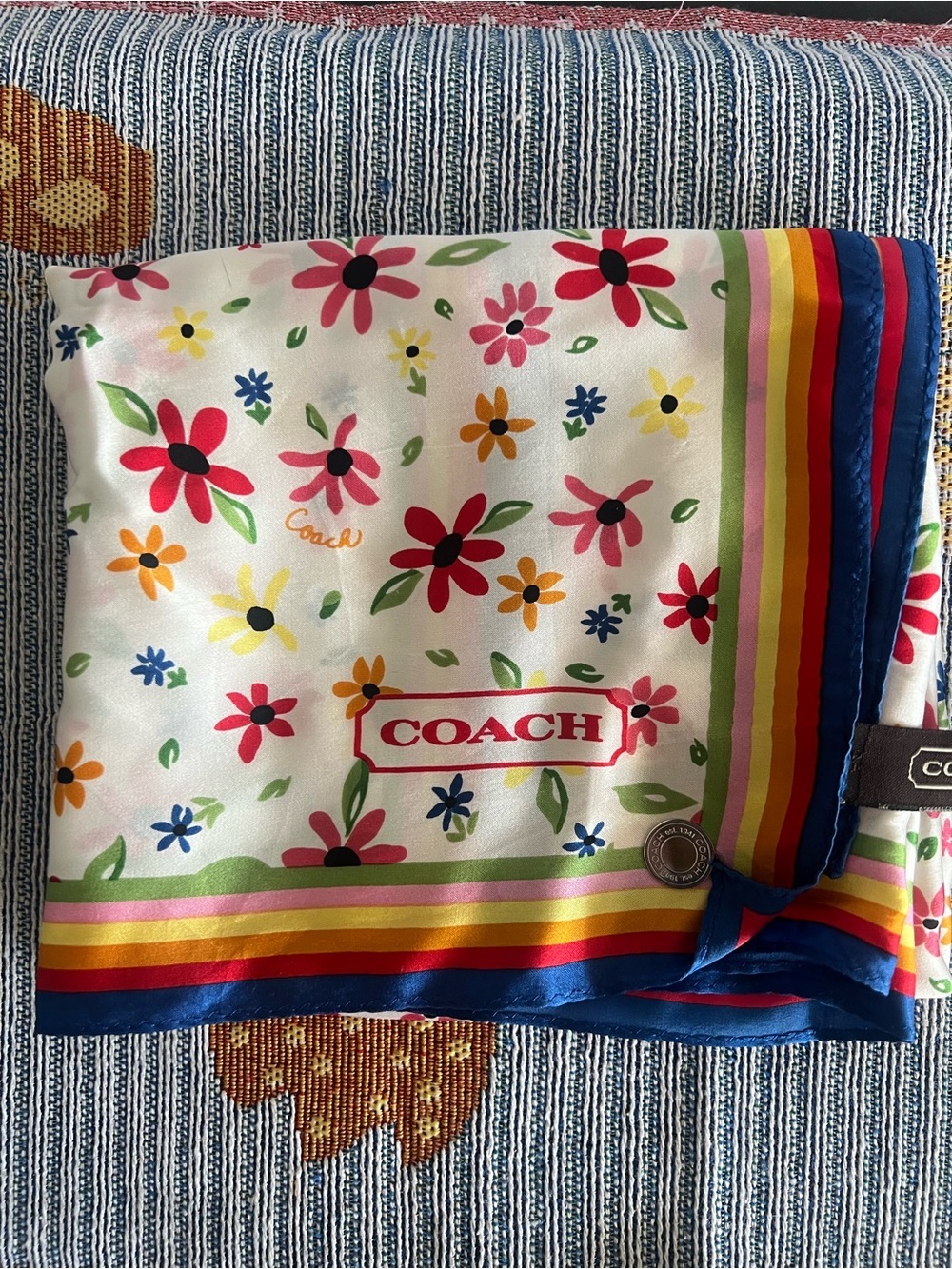 Coach Floral Rainbow Border Silk Scarf - White, Red, Blue, Yellow, Pink, Green